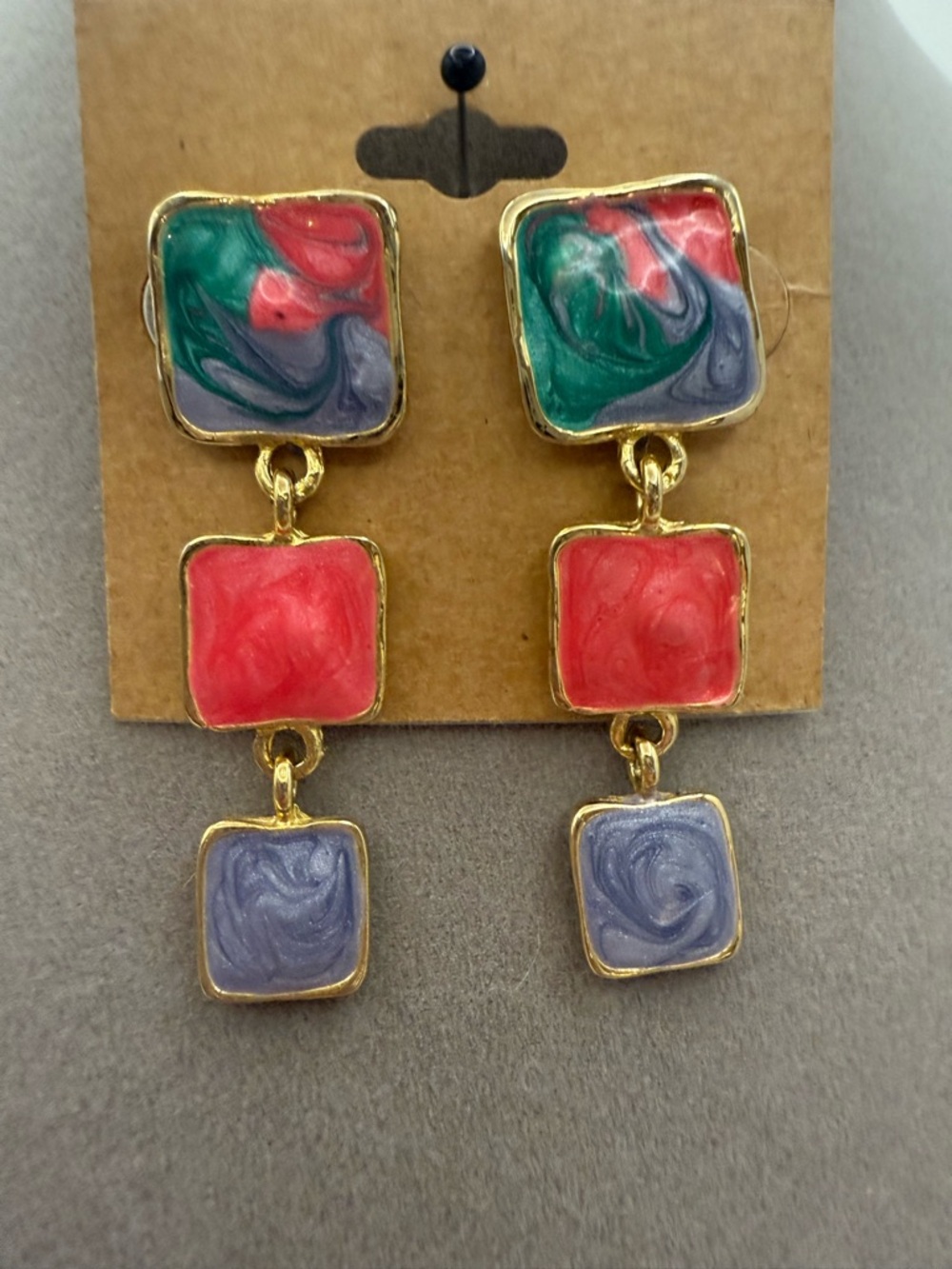 Colorful Marble Square Drop Earrings Gold Tone Statement Dangle